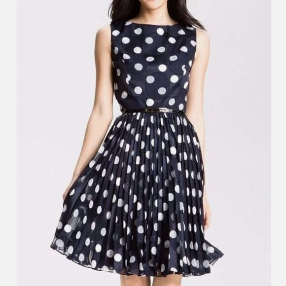 Adrianna Papell Navy Pleated Burn Out White Polka Dot Fit & Flare Dress Size 4 - Picture 1 of 5